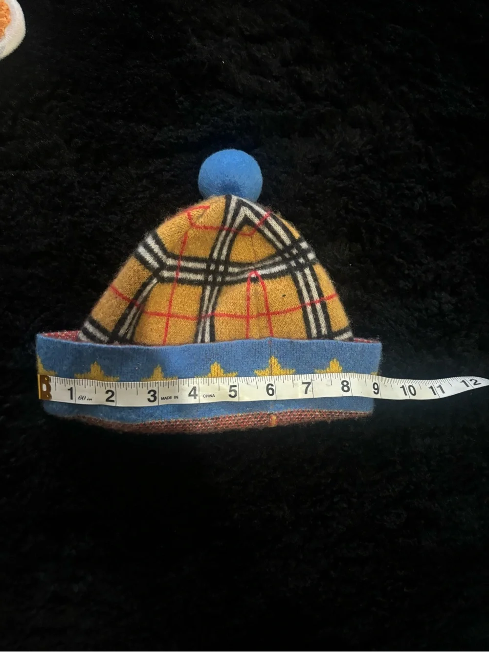 Burberry Yellow Plaid Kids Beanie with Blue Pom